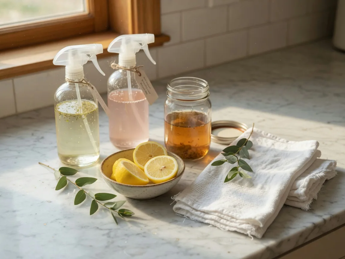 Glass spray bottles, lemon, and plant-forward cleaners from the eco line